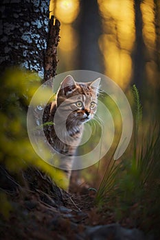 Portrait of a curious domestic cat in the forest. The animal sits in tall grass and between trees.