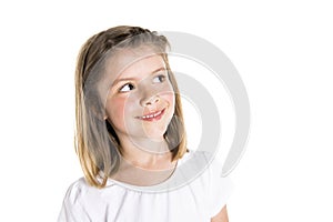 Portrait of a cute 7 years old girl Isolated over white background pensive