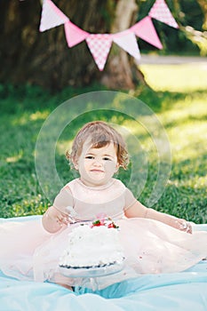 Portrait of cute adorable Caucasian baby girl with dark brown eyes in pink tutu dress celebrating her first birthday