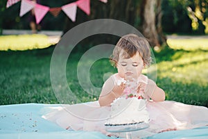 Portrait of cute adorable Caucasian baby girl with dark brown eyes in pink tutu dress celebrating her first birthday