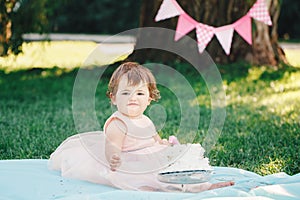 Portrait of cute adorable Caucasian baby girl with dark brown eyes in pink tutu dress celebrating her first birthday