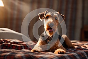 Portrait of a cute airedale terrier with big eyes against a plaid background