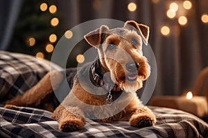 Portrait of a cute airedale terrier with big eyes against a plaid background