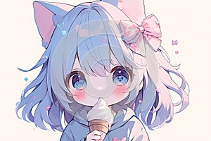 portrait of cute anime chibi girl with cat ears and blue hair eating ice cream cone on white background