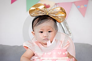 Portrait of cute asian baby girl celebrating her first birthday with pink princess cake