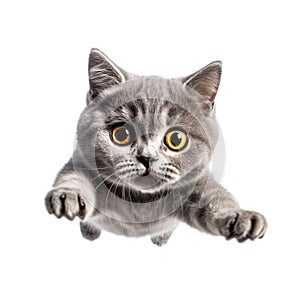 portrait cute baby British Shorthair cat, little kitten animal, jumps towards the camera, fluffy pet, isolated