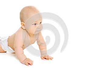 Portrait of cute baby crawling on the floor over white background