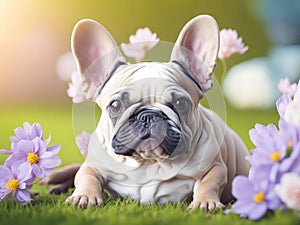portrait cute baby french bulldog with flowers. ai generative