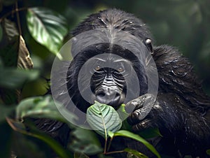 Portrait of cute baby gorilla in the jungle isolated on green background