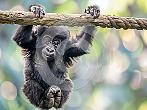 Portrait of cute baby gorilla in the jungle isolated on green background