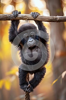 Portrait of cute baby gorilla in the jungle isolated on green background