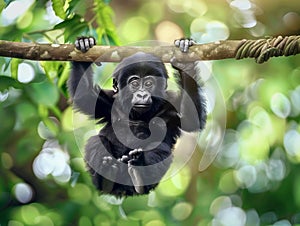 Portrait of cute baby gorilla in the jungle isolated on green background