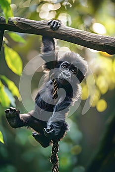 Portrait of cute baby gorilla in the jungle isolated on green background