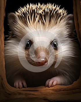 portrait of a cute baby hedgehog piglet with piercing eyes on