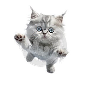 portrait cute baby Persian cat,little kitten animal, jumps towards the camera, fluffy pet, isolated