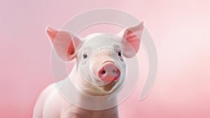 Portrait of a cute baby piglet with red lipstick on its mouth against a vibrant pink background. Lipstick on a pig