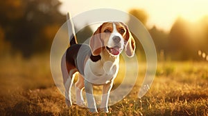 Portrait of cute beagle dog in the meadow at sunset.Generative AI