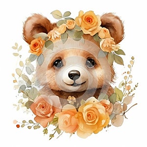 Portrait of a cute bear in a wreath of flowers. Watercolor cartoon illustration