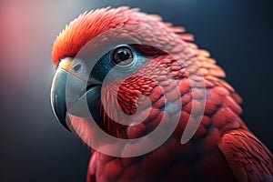 Portrait of cute beautiful red tropical parrot outdoors. Close-up head of an exotic bird