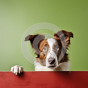 Portrait of a cute border collie puppy looking around the corner of an lime green empty board, AI Generated