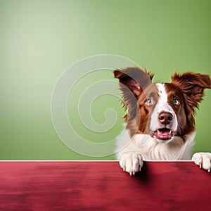Portrait of a cute border collie puppy looking around the corner of an lime green empty board, AI Generated