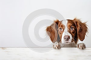 Portrait of a cute border collie puppy looking around the corner of a white empty board, AI Generated