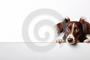 Portrait of a cute border collie puppy looking around the corner of a white empty board, AI Generated