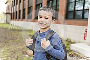 Portrait of cute boy with backpack outside of school