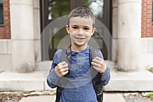 Portrait of cute boy with backpack outside of school