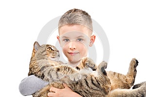 Portrait of a cute boy with a cat on hands