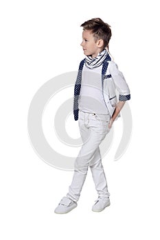 Portrait of cute boy, posing against white background