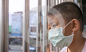 Portrait of Cute Boy wearing surgical mask.