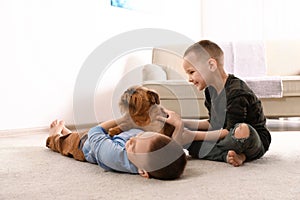 Portrait of cute boys with funny Brussels Griffon dog at home. Loyal friends