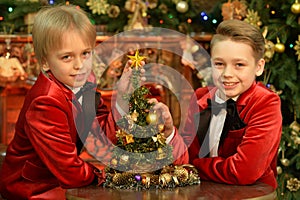 Portrait of cute boys posing with Christmas tree