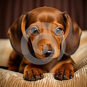 Portrait of cute brown dachshund puppy lying on cusion, created using generative ai technology photo