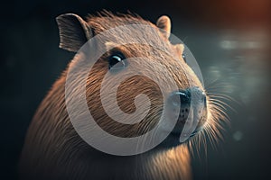 Portrait of a cute capybara, a funny semi-aquatic herbivore mammal. Illustration created by generative ai