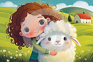 Portrait of cute cartoon girl with lamb on the meadow. Children\'s drawing, fairy tale illustration.