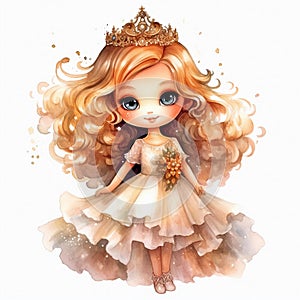 Portrait of cute cartoon little princess with crown, isolated on white background. Generative AI