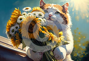 A portrait of a cute cat with a large bouquet of sunflowers and daisies outdoors in a sunny day. Created with Generative AI