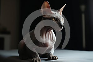 Portrait of a cute cat looking away. Don Sphynx breed cat