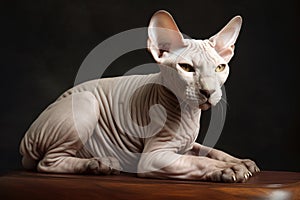 Portrait of a cute cat looking away. Don Sphynx breed cat