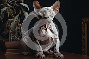 Portrait of a cute cat looking away. Don Sphynx breed cat. Generative AI