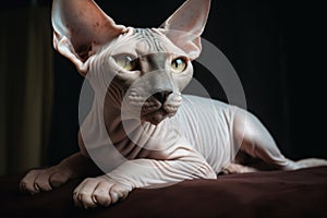 Portrait of a cute cat looking away. Don Sphynx breed cat. Generative AI