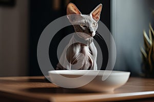 Portrait of a cute cat looking away. Don Sphynx breed cat. Generative AI