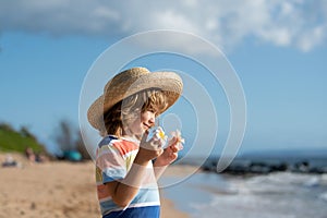 Portrait of a cute child boy in straw hat. Close up caucasian kids face. Closeup head of funny kid on summer beach.