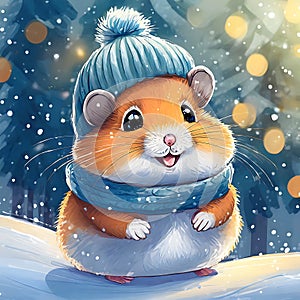 Portrait of a cute cute hamster dressed in a knitted hat and scarf. AI generated
