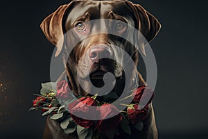 Portrait of a cute dog with red roses, ai generated