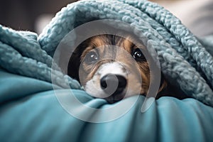 Portrait of cute dog snuggling under warm blue blanket