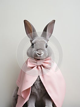 Portrait of a cute Easter grey bunny wearing a silk pink cape and bow tie. Muted pastel pink and grey background. Generative AI