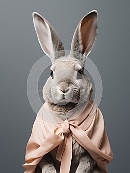 Portrait of a cute Easter grey bunny wearing a silk pink cape, on dark grey background. Funny pet rabbit. Generative AI